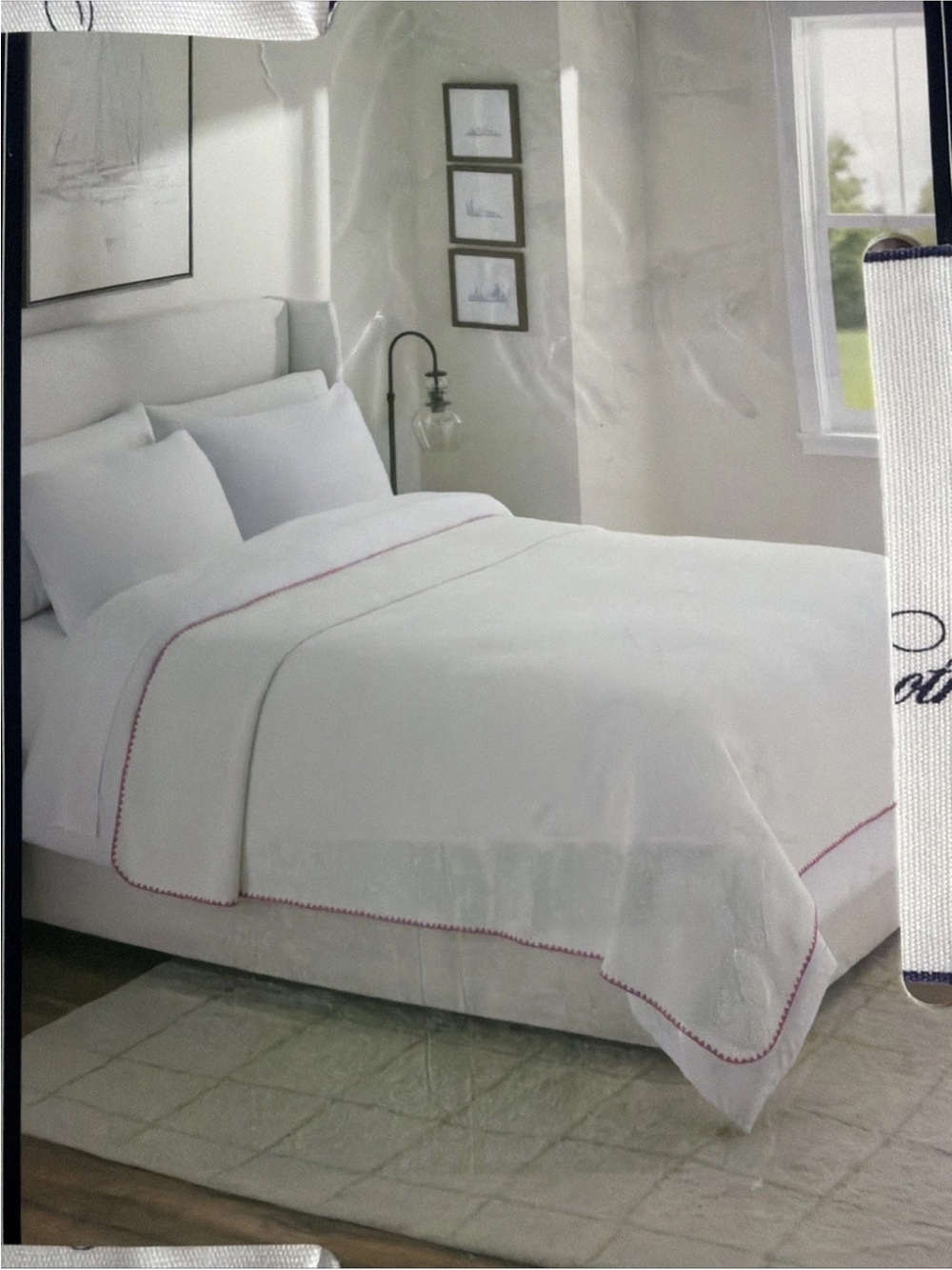 Brooks Brothers White Chenille Blanket with Pink Scalloped Edge - Full/Queen - Picture 3 of 4
